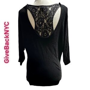Vintage Express Lace Back 3/4 Sleeve Top in Black Size XS